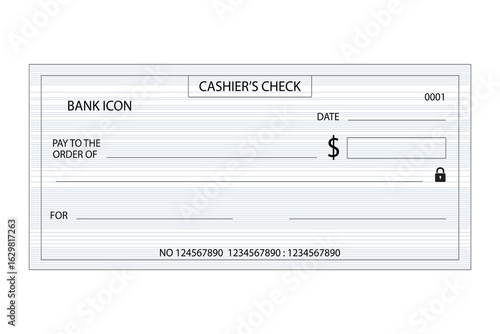 Bank document with financial transaction details and security lock check. blank bank check. checkbook vector template.