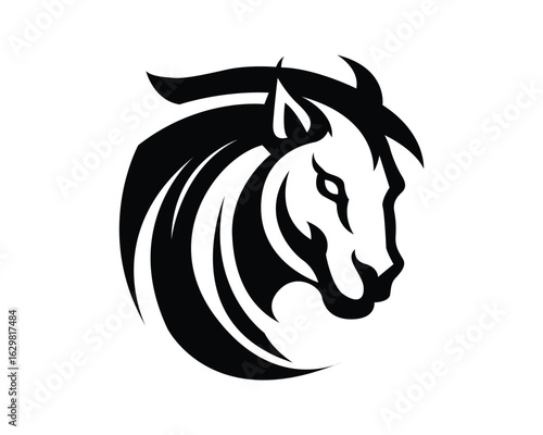 Stylized black and white graphic design of a horse's head, circularly framed.