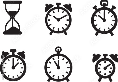 Time icons hourglass alarm clocks measure moments keep track