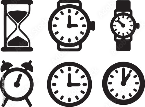 Diverse timekeeping icons hourglass wristwatch alarm clock clock faces