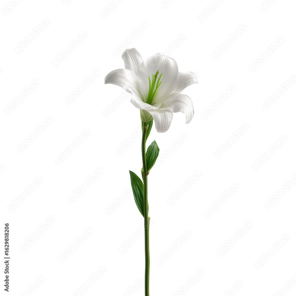 Fototapeta premium A beautiful white lily flower standing elegantly with green leaves against a white isolated background.