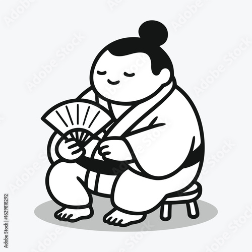 Cute sumo wrestler sitting on stool holding fan, traditional japanese character in simple cartoon