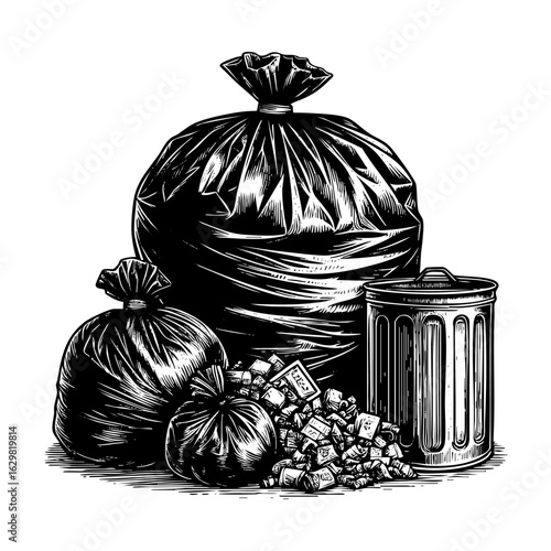 Trash bag plastic sketch engraving black and white outline. Scratch board imitation.