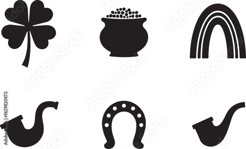 Lucky St. Patrick's Day icons: clover, pot, rainbow, horseshoe