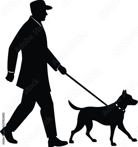 A Man Walks With  A Dog Vector Silhouette Art Icon Illustration