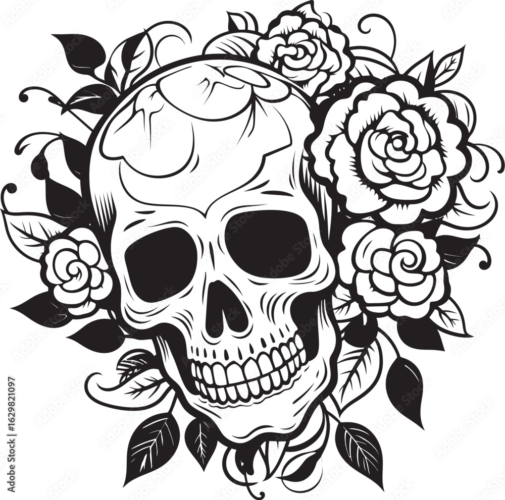 Fototapeta premium Skull and Rose Vector Black Logo Icon Artistic Flair Skull with Rose Vector Black Logo Icon Dark Mood