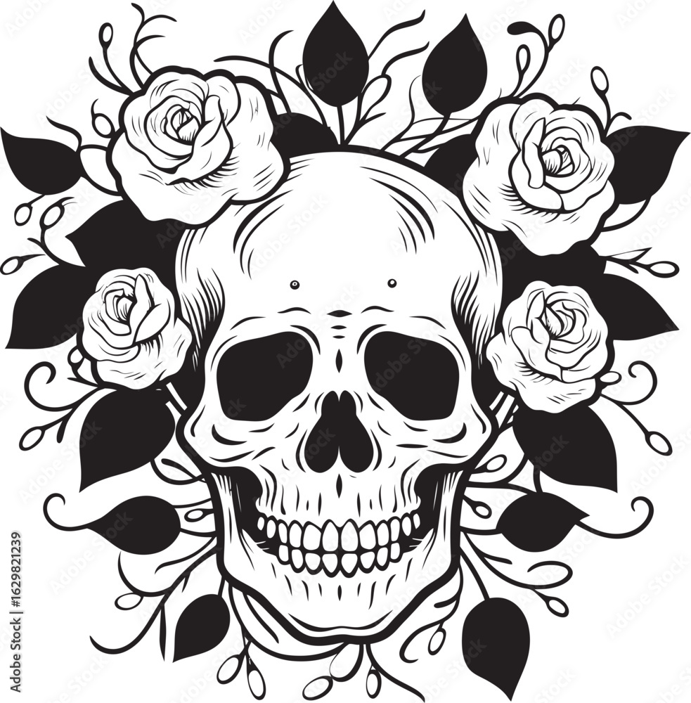 Fototapeta premium Skull with Rose Vector Black Logo Icon Tattoo Emblem Skull and Rose Vector Black Logo Icon Elegant Design