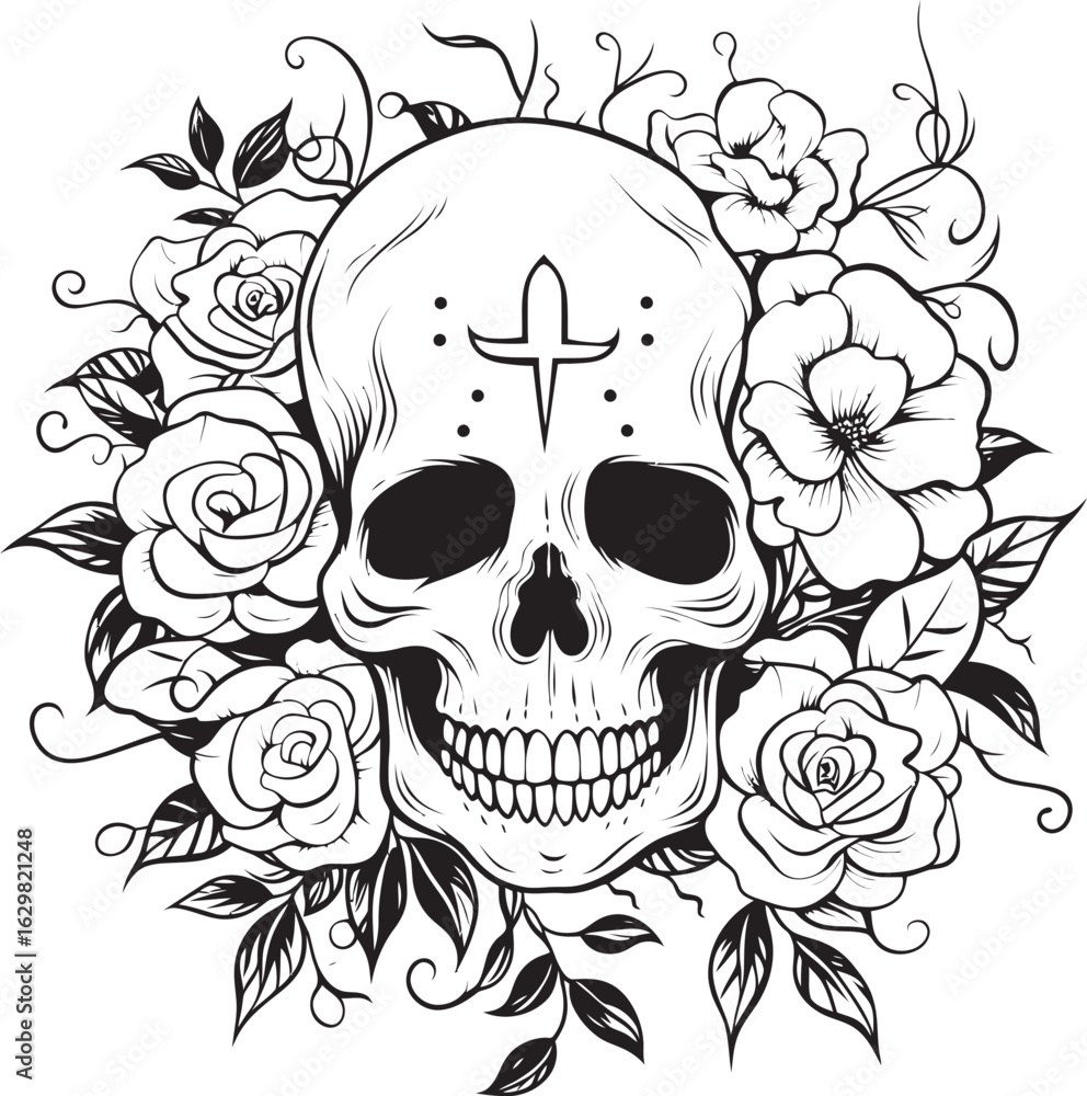 Fototapeta premium Skull with Rose Vector Black Logo Icon Stylized Graphic Skull and Rose Vector Black Logo Icon Bold Edges