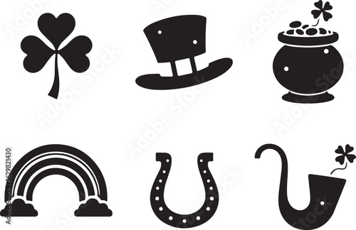 Lucky St. Patrick's Day icons: shamrock, pot o' gold, rainbow, horseshoe