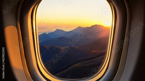 Scenic Mountain Range Sunset View From Airplane Window with Golden Light