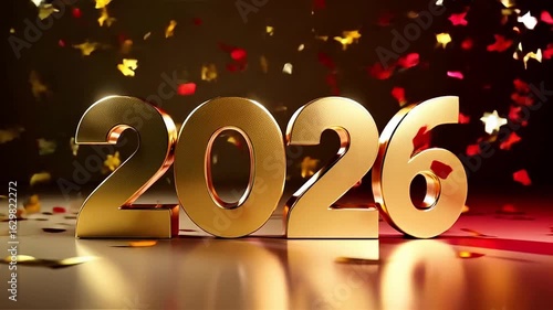 Golden 2026 Numbers Celebrating New Year Festivities with Confetti and Sparkles