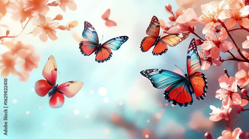 Butterflies flying around pink cherry blossoms in a dreamy and soft focus background scene, 8k vedio