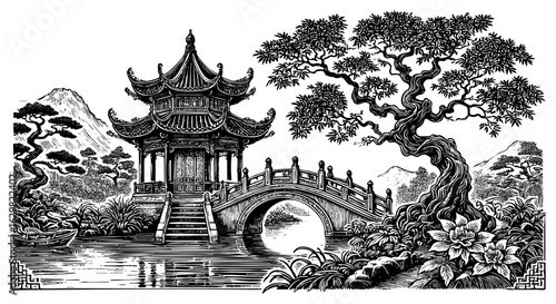 Detailed Black and White Sketch of	traditional East Asian pagoda temple with a curved bridge and a tree in garden sketch engraving generative ai fictional character raster illustration. Scratch board