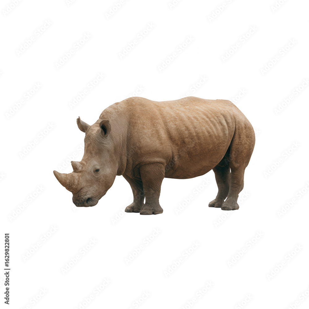 Obraz premium A majestic rhinoceros grazing peacefully, showcasing its unique features and textured skin, highlighting the beauty of wildlife conservation.