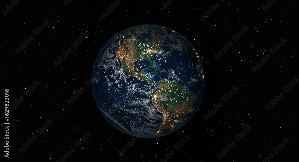 Obraz premium Planet Earth at Night with City Lights and Stars - Global View of North and South America from Space
