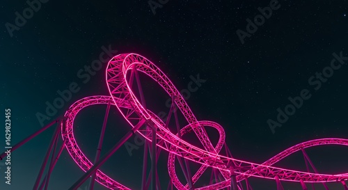 Nighttime Neon Illuminated Roller Coaster with Bright Pink Tracks and Loops