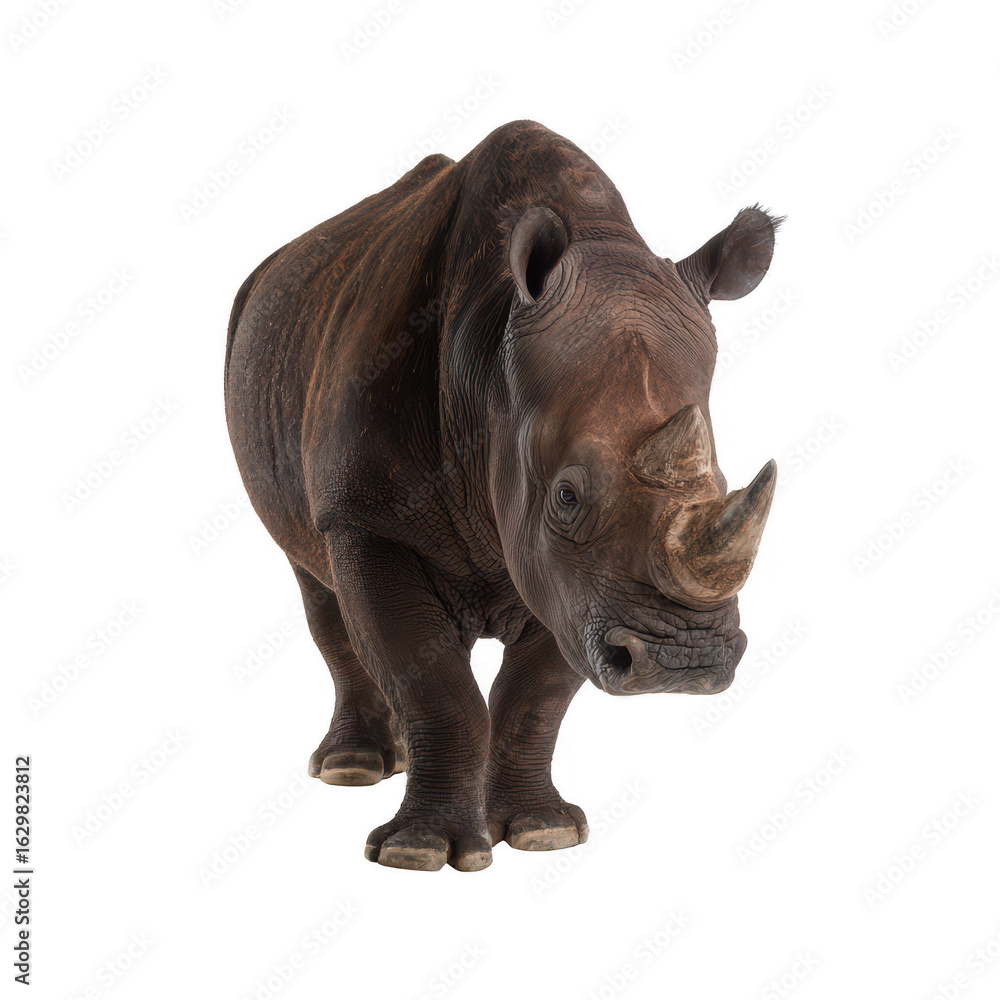 Fototapeta premium A realistic depiction of a rhinoceros standing in a dynamic pose against a white isolated background, showcasing its distinct features and texture.