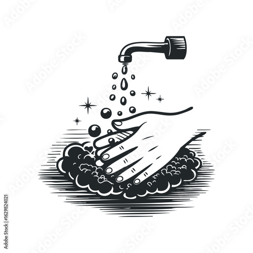 Hand Washing Under Faucet with Bubbles and Water Droplets Illustration