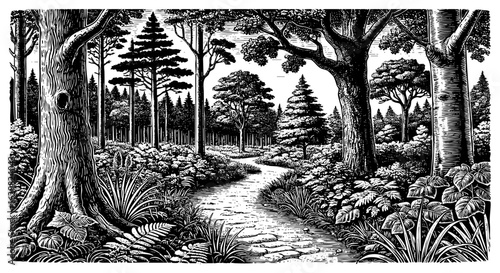 Path in rainforest sketch engraving generative ai fictional character PNG illustration. Black and white image.