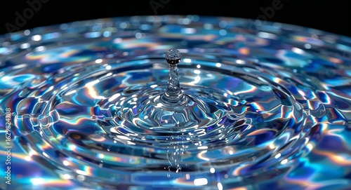 Vivid Water Drop Splash with Holographic Ripples and Light Refractions on Dark Background