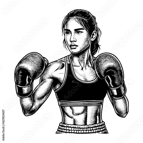 boxer athlete portrait with Detailed Line Work on White Background
