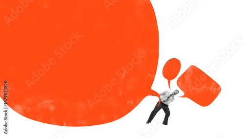Canvas Print Bright collage of man holding oversized red speech bubbles with expressive copy space