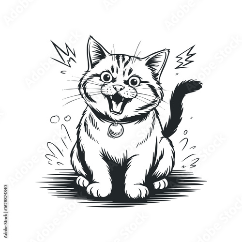 Surprised Cartoon Cat with Exaggerated Features and Circular Name Tag