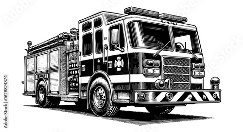 Antique engraved illustration of	firefighter truck in Black and White Detailed Line Art