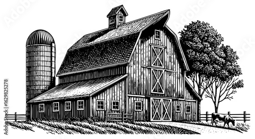 barn on farm land detailed line art and texture. Vector retro hand drawn illustration
