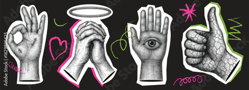 Hand Gestures Halftone Grunge Collage | OK, Praying, All-Seeing Eye, Thumbs Up | Punk Y2K Aesthetic Vector crazy art templates