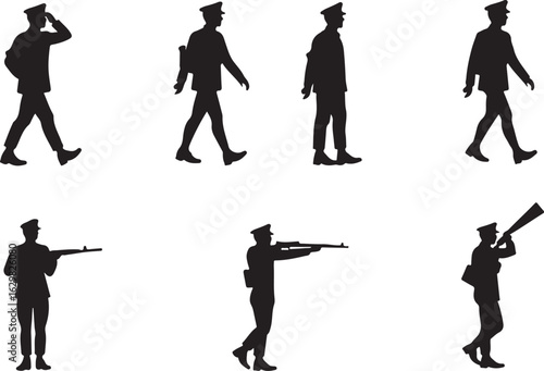 Soldier silhouettes marching, saluting, aiming, blowing bugle