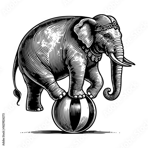 Detailed Engraving of	Elephant standing on ball circus stage  	sketch engraving generative ai fictional character raster illustration. Scratch board. Black and white