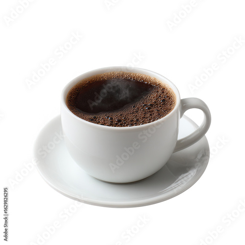 A steaming cup of fresh coffee on a white saucer, showcasing rich, dark hues and aromatic steam rising. Perfect for coffee lovers and beverage enthusiasts.