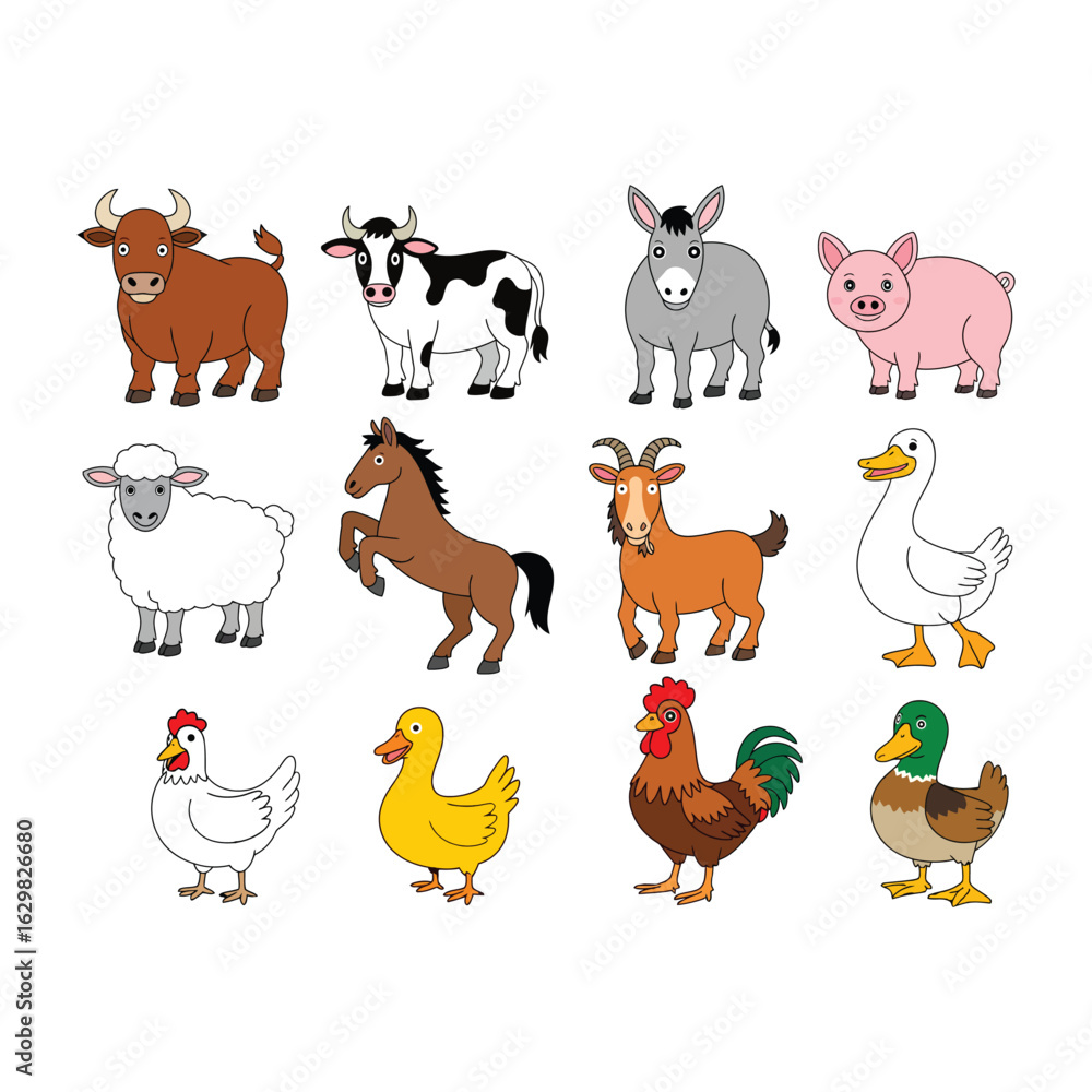 Obraz premium Collection of farm animals in cartoon style vector.eps