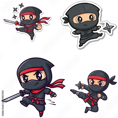 Set of Cute Cartoon Ninja Characters Stickers