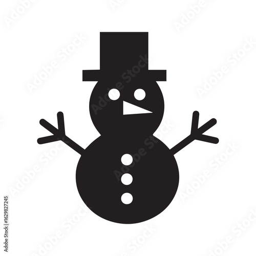 Simple snowman silhouette icon. Black winter character with top hat and carrot nose, isolated vector graphic for Christmas holiday.
