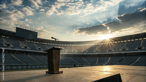 Empty stadium podium with dramatic sunset and sunbeams