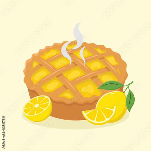 Fresh homemade lemon pie with whole and cut lemons. Fruit pastries vector illustration.