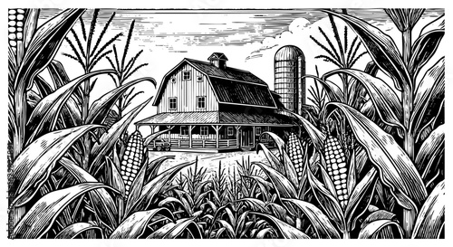 barn in corn farm field	engraving black and white outline