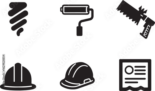 Essential construction tools, safety gear, and planning icons