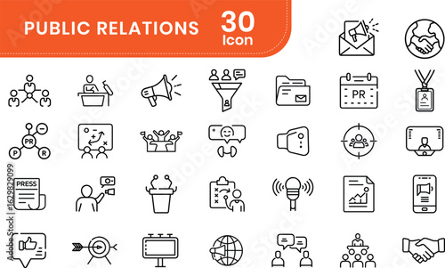 Set of Public Relations related line icons editable stroke. Public Relations outline icons with editable stroke collection. Includes Interview, Community, Social Media, Influencer, PR Agent, and More.