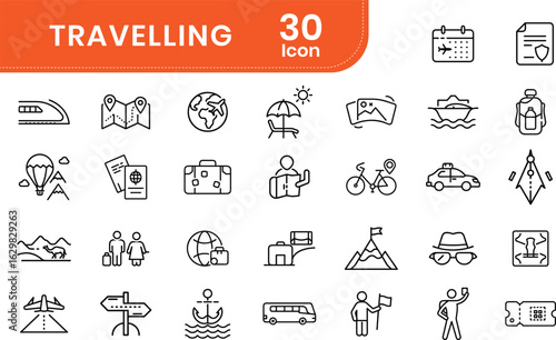 Travel and Vacation icon set with editable stroke. tourism, Summer vacation, airplane, trip, beach, passport, luggage, camping, hotel and more. Editable stroke. Vector illustration.
