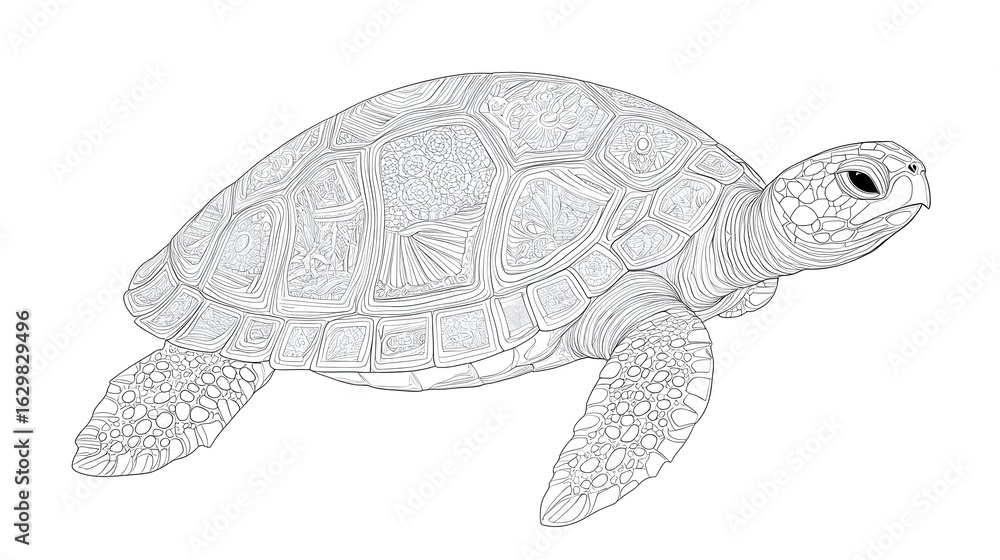 Fototapeta premium Photograph of black and white line drawing depicts a turtle with intricate shell patterns resembling scales and...