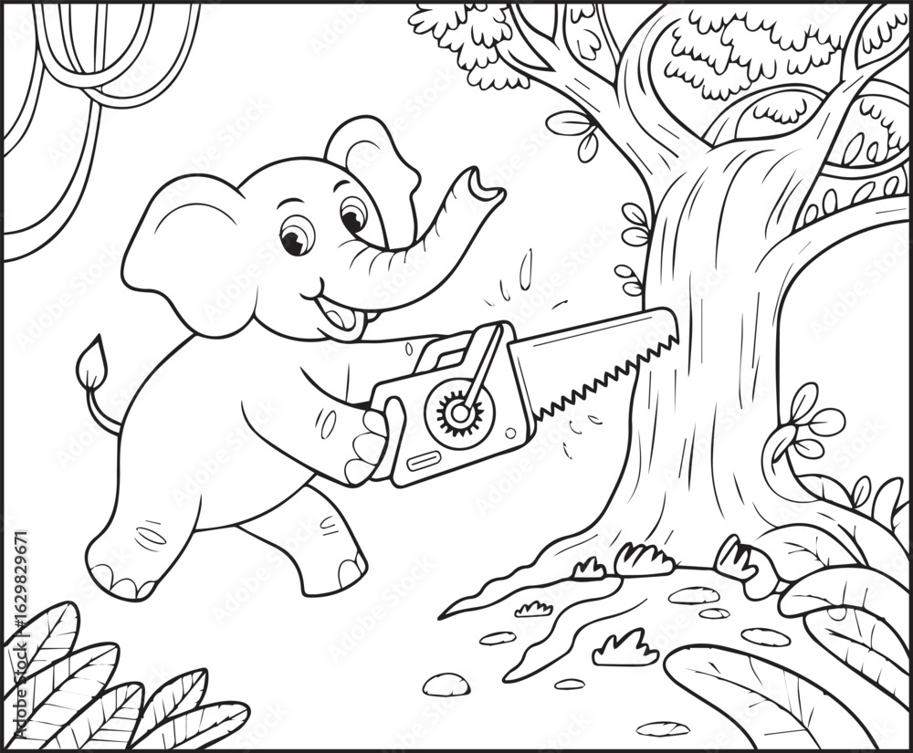 Obraz premium Cute cartoon elephant cutting tree by saw in forest black line art vector illustration for children coloring page design