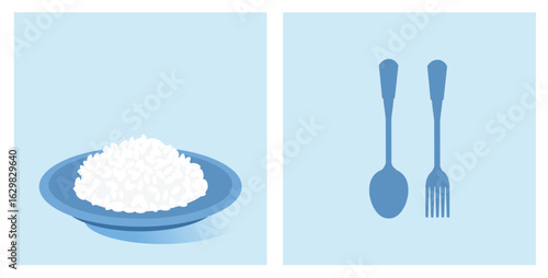 Rice plate, spoon and fork signs on blue background vector.