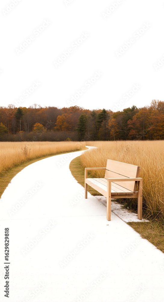 Fototapeta premium A Quiet Destination: The Solitary Bench Beside an Autumn Path