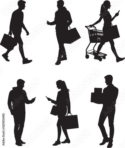 People shopping with bags and phones, modern lifestyle silhouettes