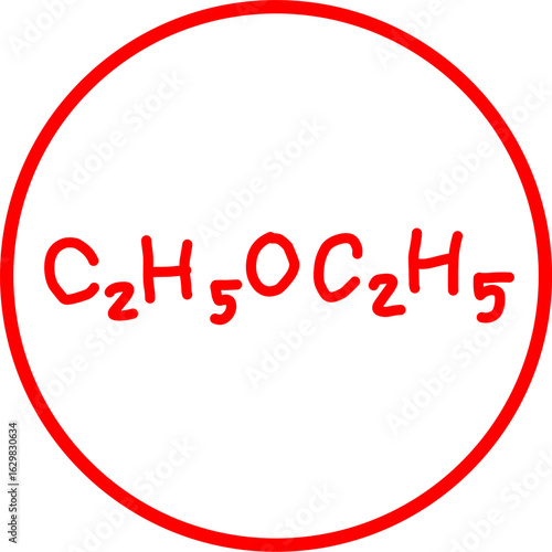 Red hand-drawn chemical formula C₂H₅OC₂H₅, representing diethyl ether, inside a red circle on a white background. Perfect for science, chemistry, or educational content.