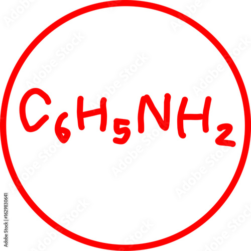 Red hand-drawn chemical formula C₆H₅NH₂, representing aniline, enclosed in a red circle on a white background. Great for chemistry, education, and science-related visuals.

