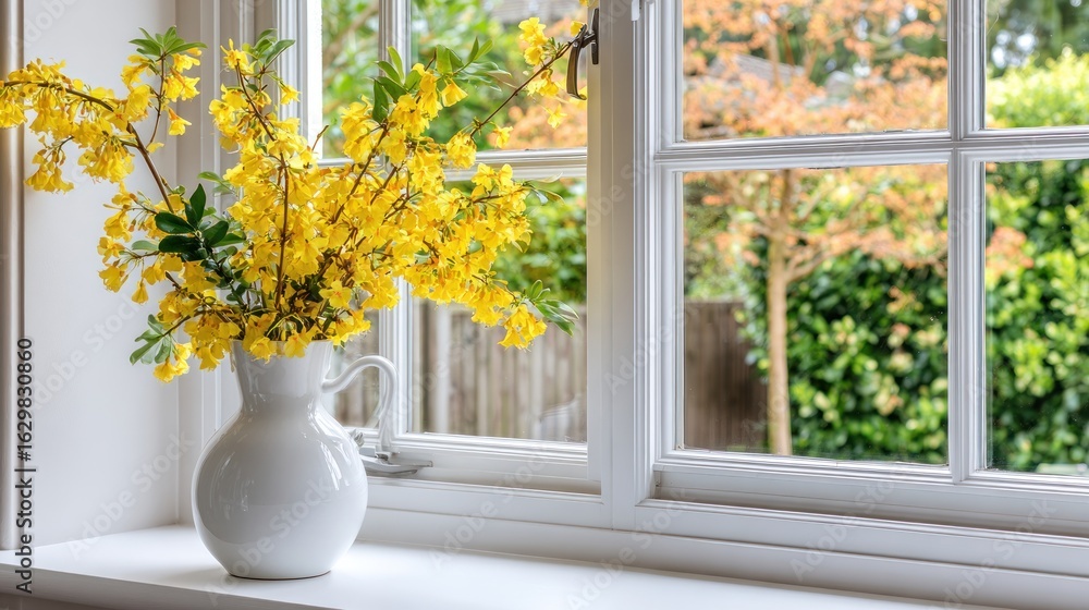 Fototapeta premium A bouquet of yellow flowers in a white pitcher sits by a window.